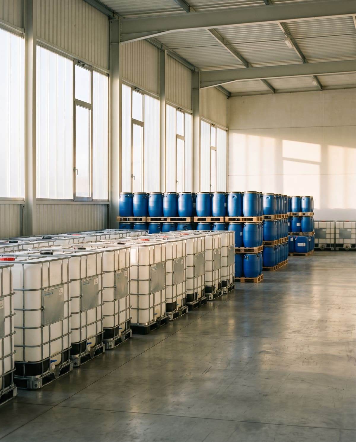 Tambores e IBC de materia prima en una bodega
